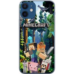 Apple iPhone 12 Gjennomsiktig deksel Minecraft mobildeksel med skog og figurer i pikselstil