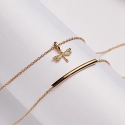 Free spirit - double necklace 18K gold plated gift dragonfly