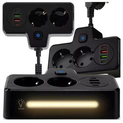 Alogy Kontaktförlängare Sockelsplitter Adapter Förlängningssladd 2x EU-kontakt 2x USB 2x USBC Svart