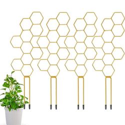 OBOSOE 4-pack växtstöd i metall – Guldfärgat klätterstöd i bikakemönster för krukväxter, blommor & klätterväxter