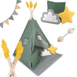 Legetelt tipi - grøn grå gul - 116x116x165 cm