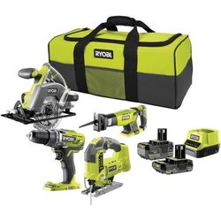 RYOBI 4 værktøjer: 1 boremaskine + save (stiksav, rundsav og sliber) + 2 batterier 4 Ah & 2 Ah + 1 oplader og bæretaske