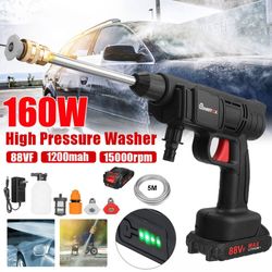 Bærbar trådløs højtryksrenser Jet Water Wash Bilrenserpistolsæt med 1 Li-ion batteri, oplader, dyse, tilbehør, 2 lynkoblinger og 5M slange