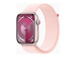 Apple Watch Series 9 (GPS) - 45 mm - rosa aluminium - smartklokke med sportssløyfe - myk dobbeltlagsnylon - lys rosa - 64 GB - Wi-Fi, Bluetooth, UWB