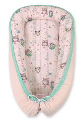 Babypuppe, dobbeltsidet, kravlegård, svøb, Premium BOBONO - ugler, creme/pudderrosa