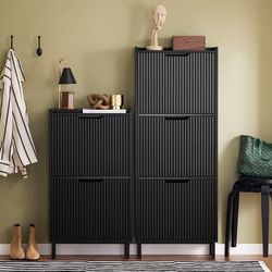 SoBuy Smalt skoskab med 3 klapdøre – 50x19x130cm Pladsbesparende | Sort FSR177-H-SCH