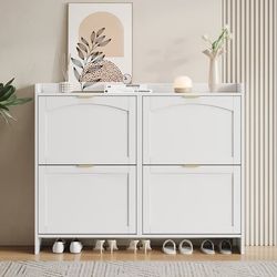 Moderne skoskab med 4 folderum, fritstående skohylde med åbne hylder, til entré eller entré, hvid 110×90×24 cm
