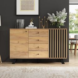 Skænk 120×38×75cm – skænk med 4 skuffer og 2 skabe, opbevaringsskab med 5 massive træben, bred kommode i træfarve