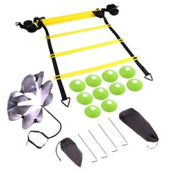 Hastighets- og smidighetstreningutstyr for fotball med Agility-stige, kjegler og fallskjerm