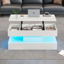 Modernt soffbord 100x50x42 cm - med LED-belysning - dolt förvaringsutrymme - hydraulisk lyft - vit