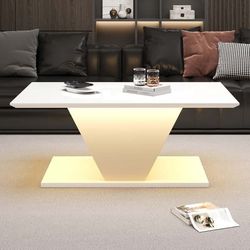 100x50x46 cm Soffbord, högblanks V-form med LED-ljus, kaffebord, sidobord, passar små rum, vitt