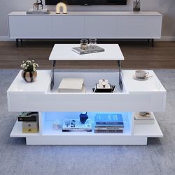 98×45×40 cm hæveligt sofabord med højdejusterbar bordplade, 2 klapskabe, halvåben opbevaring, hvid højglans med LED