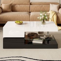 Moderne sofabord med LED, app og Bluetooth-styring, glas og højglans overflade, sort-hvid, 90x45x35,5 cm