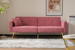 Bäddsoffa med justerbart ryggstöd – med guldfärgade ben, kuddar och sidofickor – soffa med sängfunktion och förvaring
