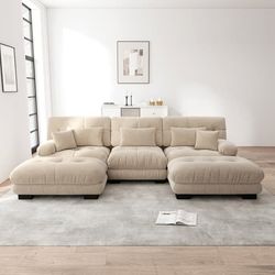 Lyxig modulär U-soffa i chenille, djup sits och förvandlingsbar bäddsoffa med ottoman, stor cloud design ljusbrun