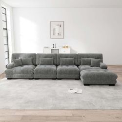 Modulär hörnsoffa L-formad 4-sits soffa för vardagsrum, bekväm cloud soffa med flyttbar ottoman, DIY kombination, grå chenille