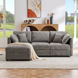 L-format hörnsoffa med fotpall, omvandlingsbar 3-sits bäddsoffa, 4 kuddar, justerbara armstöd, bekväm chenilletyg, för vardagsrum/grå