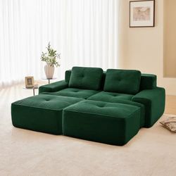 Modulær U-formet sky-sofa uden ramme, 2-personers med fløjlsfod, dyb sæde, samlingsfri, grøn