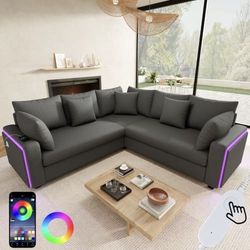 L-formet hjørnesofa med LED-belysning, USB-opladning, blødt ledningsstof og puder, moderne sofa til stue og soveværelse, grå