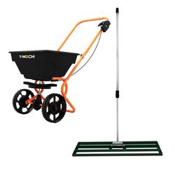 Sæt Græsudjævner Grøn/Orange 50/100 cm + Roterende Spreder 25 kg lastekapacitet, justerbar spredebredde (op til 3 m) | Forlængeligt håndtag | Vand