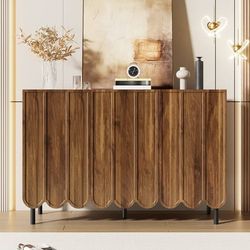 Modernt träfärgat sideboard 120x35x80 cm, vågiga dörrar, grifflöst, justerbara hyllor