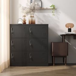 6-dörrars Metallskåp för Kontor, Gym, Skola & Hem – Säkert Förvaringsskåp med Kortfack (Svart), H 100 cm × B 90 cm × T 40 cm