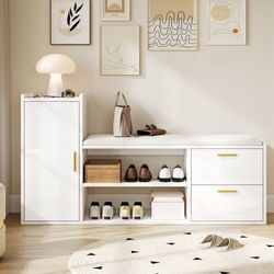 Hvidt skoskab 128×30×68 cm med 2 skuffer, skab og højglans sædebænk med polstret sæde og opbevaring, til stue, entré eller kontor