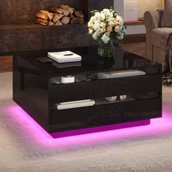 70x70x38cm Stue Couchtisch, Hævende sofabord med LED, Sofabord med 1 skuffe, Sort