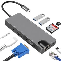 INF USB-C Hub med USB 3.0, HDMI, RJ45, SD/TF-kortleser, 100W PD, VGA