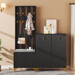 Hallmöbelset med skobänk, sittdyna, krokpanel och skoskåp med lådor och dörrar – Komplett garderobslösning för entrén