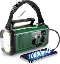 Nödradio 10000mAh med Ficklampa, Solcell Vevradio, AM/FM Väderradio, SOS Larm, Typ-C Laddning