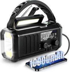 Nödradio 10000mAh med Ficklampa, Solcell Vevradio, AM/FM Väderradio, SOS Larm, Typ-C Laddning