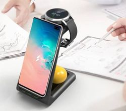 3 i 1 Trådlös bordsladdare, QI fastcharge, 15W, för mobil, hörlurar och smartwatch, 3i1