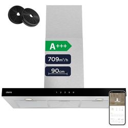 CIARRA Väggmonterad Fläkt 90cm WiFi Touch A+++ 709m³/h 56dB Booster 2 x Kolfilter Återvinning eller Utsläpp Svart & Rostfritt Stål