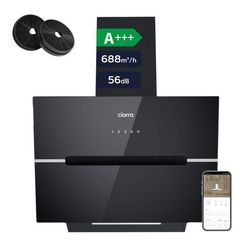 CIARRA Inklinerad Köksfläkt 60 cm, 688 m³/h, A+++, Wi-Fi, Touch, 4 Hastigheter, Booster, Kolfilter ingår, Svart, CD6736FB