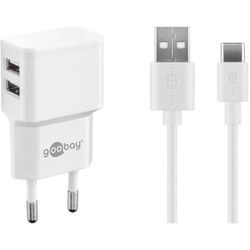 USB-laddare - Goobay - USB-C™ Dubbel laddningsset 2,4 A - 2 x USB 2.0 typ A - Färg vit - 240 V/AC