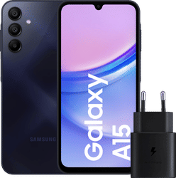 Samsung Galaxy A15 128GB Donkerblauw 4G + Samsung Oplader 25 Watt Zwart