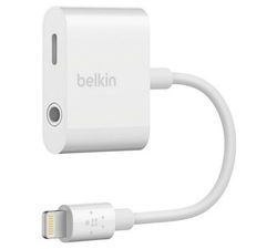 Belkin 3.5 mm Audio + Charge RockStar - Belysning til hodetelefonsjakk / ladeadapter - Lightning hann til Lightning, 4-polsminijakk hunn - hvit