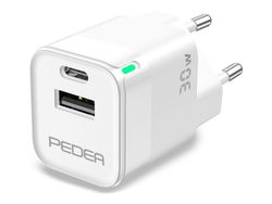 PEDEA - Strömadapter - dual, mini, travel, 100 - 240 V - 30 watt - 3 A - Fast Charge, PD - 2 utdatakontakter (USB, USB-C) - vit - för Samsung Galax...