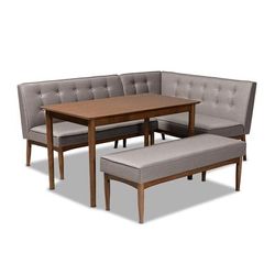 Baxton Studio Arvid Mid-Century Modern Gray Fabric 4-PC Wood Dining Nook Set- BBT8051-Grey/Walnut-4PC Dining Nook Set