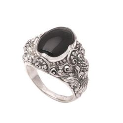 Black Sunflower,'Men's Floral Sterling Silver and Onyx Ring'