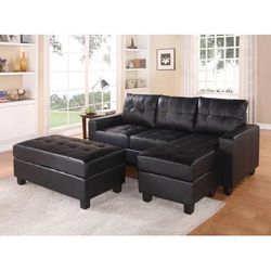 Lyssa Sectional Sofa (Rev. Chaise) w/ Ottoman in Black Bonded Leather Match - Acme Furniture 51215