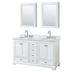 60 Inch Double Bathroom Vanity in White, White Carrara Marble Countertop, Undermount Oval Sinks, and Medicine Cabinets - Wyndham WCS202060DWHCMUNOMED