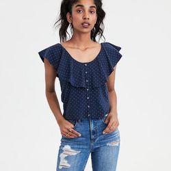 American Eagle Outfitters Tops | 3/$15 American Eagle Navy Polka Dot Overlay Bib Top Xs | Color: Blue | Size: Xs