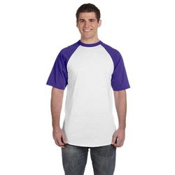 Augusta Sportswear 423 Adult Short-Sleeve Baseball Jersey T-Shirt in White/Purple size Medium | Cotton Polyester