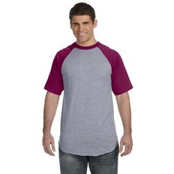 Augusta Sportswear 423 Baseball Short Sleeve Top 2.0 in Heather/Maroon size Small | Cotton Polyester