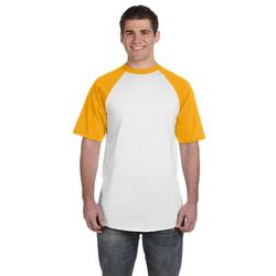 Augusta Sportswear 423 Adult Short-Sleeve Baseball Jersey T-Shirt in White/Gold size Small | Cotton Polyester
