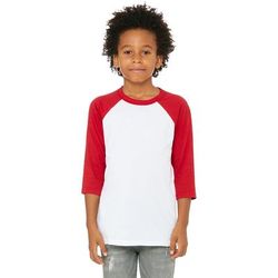 Bella + Canvas 3200Y Youth 3/4-Sleeve Baseball T-Shirt in White/Red size Small | Cotton/Polyester Blend B3200Y