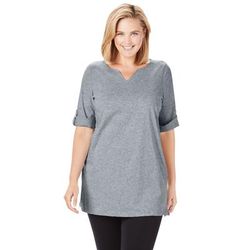 Plus Size Women's Perfect Roll-Tab-Sleeve Notch-Neck Tunic by Woman Within in Medium Heather Grey (Size 5X)