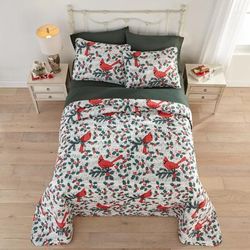 3-Pc. Microfleece Christmas Bedspread Set by BrylaneHome in Cardinal (Size QUEEN) Reversible Quilted Cover & Pillow Shams